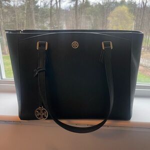 Tory Burch handbag womens leather black tote shoulder  bag with top zipper.